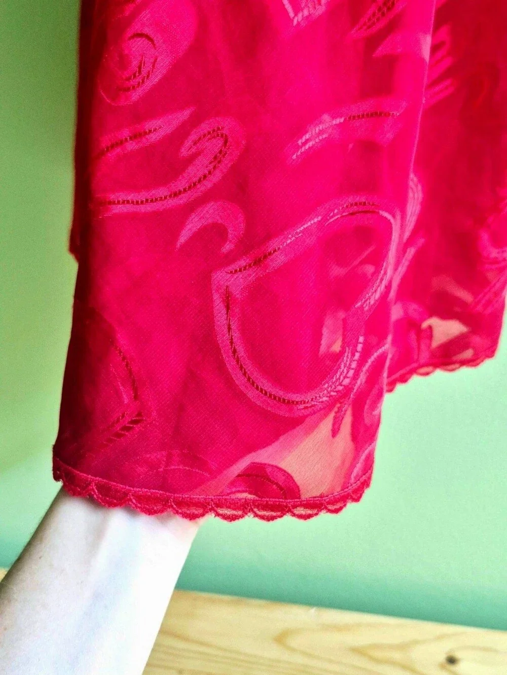 Vintage Red Heart Mesh Chemise – Lace Trim Sheer Night Slip - Picture 2 of 8
